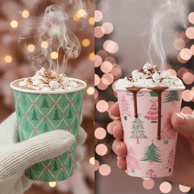 Gerrii 100 Set Christmas Paper Cups Disposable 12 oz with Lids Hot Chocolate Coffee Cups for Hot and Cold Drinks Tea Water Bar Supplies Holiday Winter Season (Pink Bow)