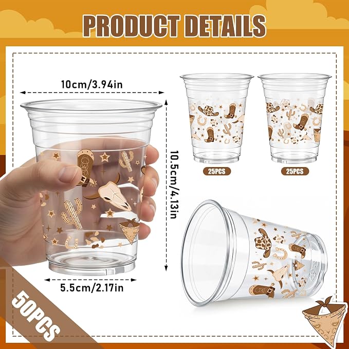 Rngmsi Brown Cowboy Plastic Cups - 50 Pcs Western Party Decorations, 12 OZ Rodeo Disposable Cups for Birthday, Cowboy Party Decorations for Baby Shower