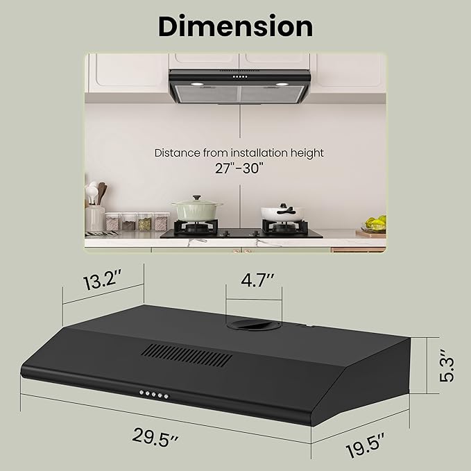 FIREGAS 30 Inch Black Under Cabinet Range Hood, Ducted/Ductless Convertible Kitchen Vent Hood with LED Light, 3-Speed Exhaust Fan, Push Button Control, Slim Stove Hood for Modern Kitchen