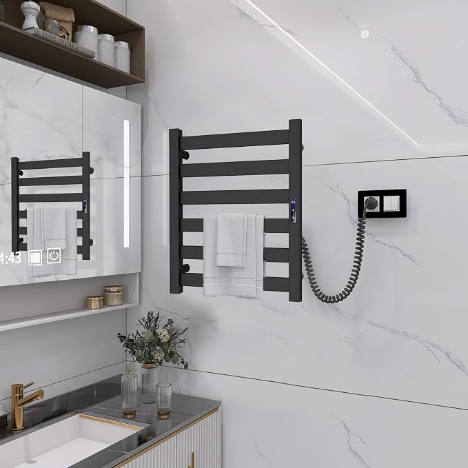 6-Bar Wall Mounted Towel Warmer Rack, Electric Heated Towel Rack for Bathroom, Fast Heating & Constant Temperature, Built-in Timer & Adjustable Temp, Plug-in, Matte Black