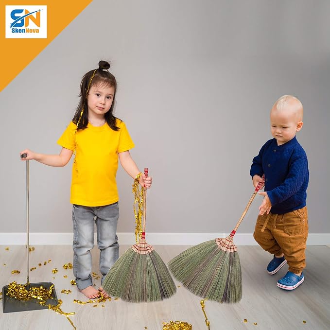 29 inch Tall of Natural Grass Broom 100% Handmade with a Bamboo Stick Embroidery Woven Nylon Top and Bottom Handle Red or Green Color on Random for Indoor and Outdoor Use