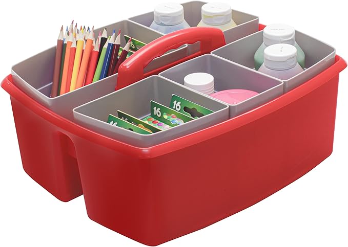 Storex Large Classroom Caddy with Cups, 13 x 11 x 6.575 Inches, Red, Case of 2 (00981U02C)