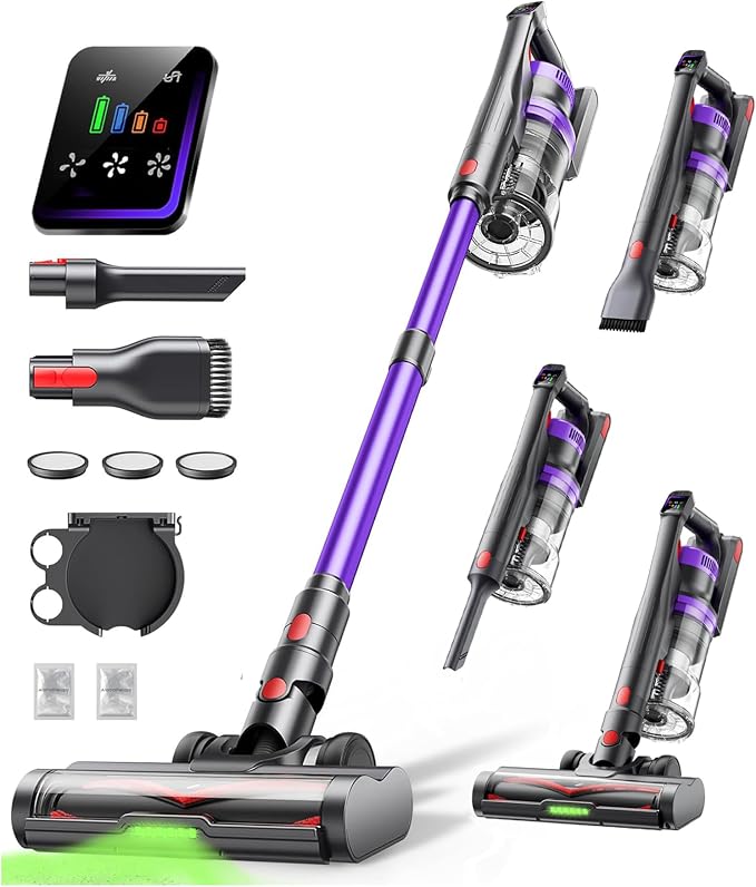 Cordless Vacuum Cleaner, 55KPa 650W Powerful Stick Vacuum for Home, 60Mins Runtime, 1.8L XL Dust Cup One-Touch Empty, Green LED Anti-Tangle Brush & Fragrance, for Pet Hair Carpet Hard Floor