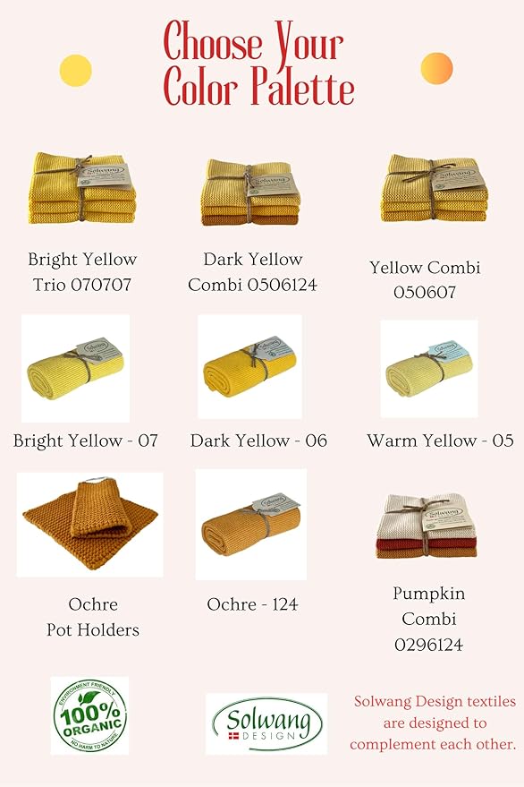 Solwang 3-Piece Danish Cotton Dishcloths in 100% Certified Organic Cotton Made in India (Bright Yellow Organic Trio)
