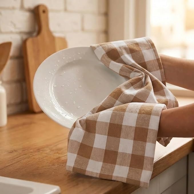 Urban Villa Kitchen Towels Set of 6 Buffalo Checks Taupe/Chocolate/Ivory 20X30 Inches Kitchen Towels 100% Cotton Highly Absorbent Premium Quality Ultra Soft Bar Tea Towels with Mitered Corners