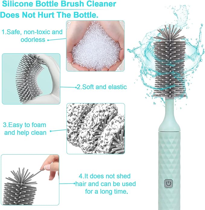 Electric Bottle Cleaner Set - 4 Piece Silicone Brush for Bottles, Pacifiers, Straws - USB Charged 360 High-Speed Rotation Cleaning