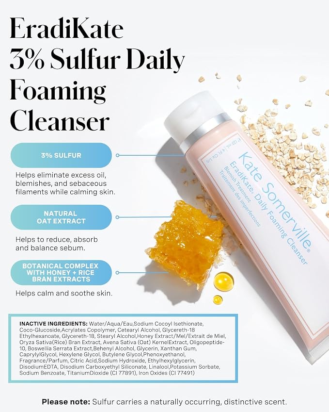 Kate Somerville EradiKate 3% Sulfur Daily Foaming Cleanser Acne Treatment – Clinically Formulated Medicated Face Wash Balances Skin & Cleans Pores, 4 Fl Oz