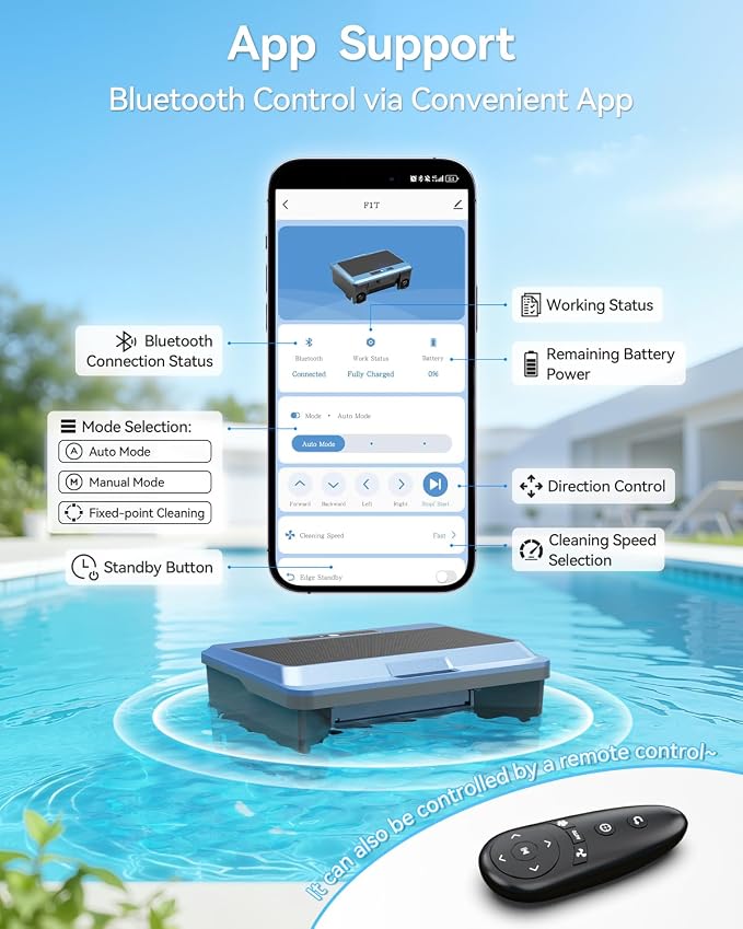 F1T Solar Powered Robotic Pool Skimmer Surface Cleaner with APP Support Dual Charging Options Smart Obstacle Avoidance 24/7 Continuous Cleaning Ideal for Above Ground Pool Blue