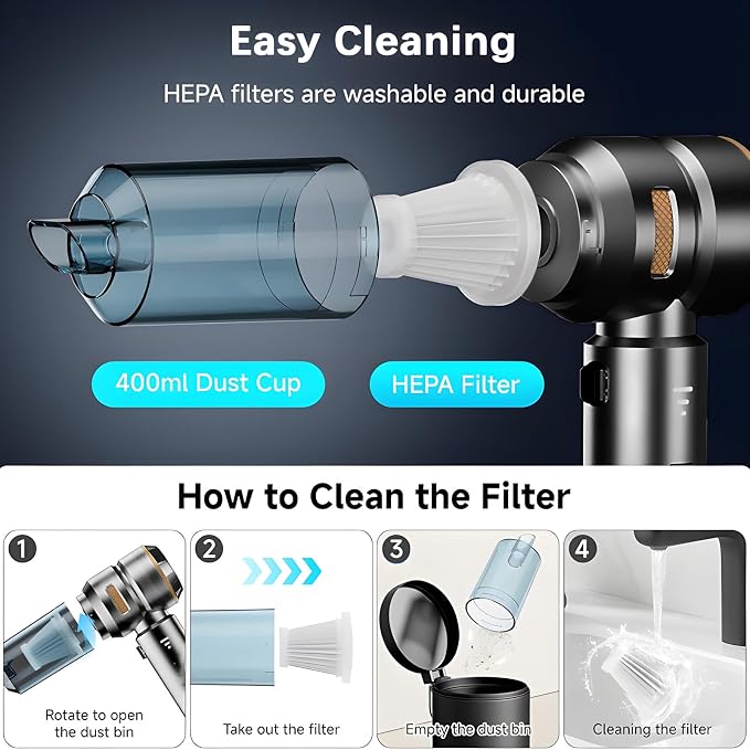 Handheld Vacuum Cordless, Car Vacuum Cleaner, Portable Mini Compressed Air Blower, Duster. Strong Suction Brushless Motor. 4-in-1 21000Pa Wireless Hand Vacuum, Type C Port, for Car, Home, Office.