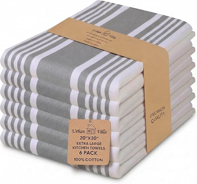 Urban Villa Kitchen Towels 100% Cotton Dish Towels for Kitchen (Set of 6) 20”x30” Dish Cloths Highly Absorbent Kitchen Linen Set with Hanging Loop Perfect for Drying Dishes Cleaning Towels-Grey White