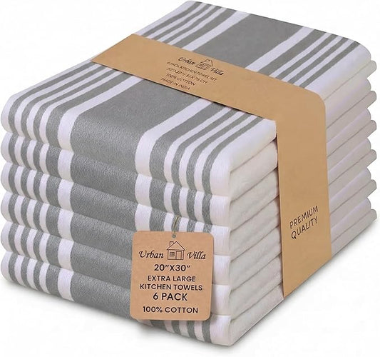 Urban Villa Kitchen Towels 100% Cotton Dish Towels for Kitchen (Set of 6) 20”x30” Dish Cloths Highly Absorbent Kitchen Linen Set with Hanging Loop Perfect for Drying Dishes Cleaning Towels-Grey White