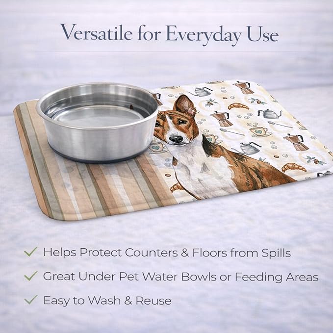Caroline's Treasures Brindle and White Basenji Coffee Bar Dish Drying Mat Absorbent Dish Drying Mat Pad for Kitchen Counter Dish Drainer Mat for Countertop, 14 x 21", Multicolor