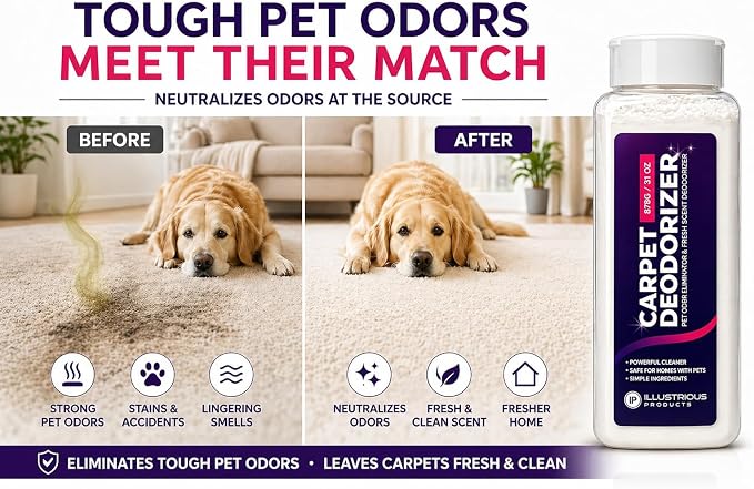 Carpet Deodorizer for Pets – Pet Odor Eliminator Powder for Strong Dog & Cat Urine Odors – Baking Soda Carpet Freshener for Carpets & Rugs – Lemon Eucalyptus Scent – 31 oz