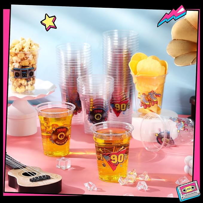 Pickmesh 50 Pcs 90s Theme Party Decorations Back to 90's Plastic Cups Hip Hop Party Supplies 12 oz Thick Clear Disposable Drinkware Cups Retro Music Supplies