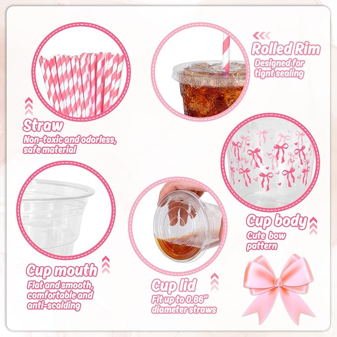 JarThenaAMCS 50Pcs Pink Bow Disposable Plastic Cups with Lids and Straws 12oz Cute Bow Heart Cold Beverage Drinking Cups for Bridal Shower Wedding Birthday Party Supplies