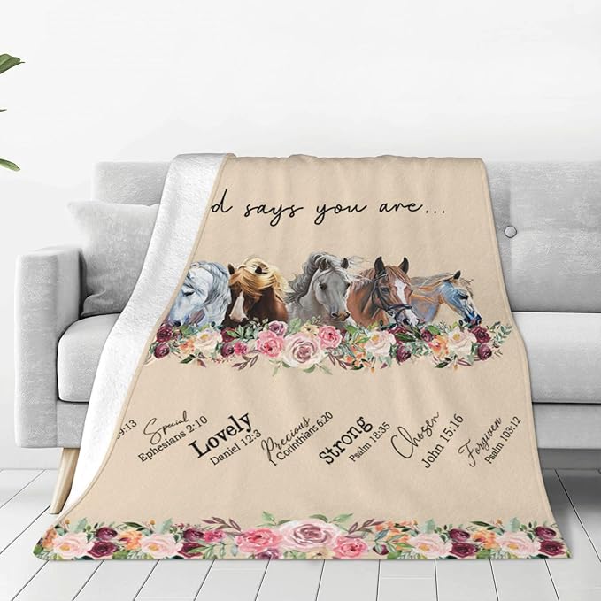 God Says You Are Horse Decor Throw Blanket - Super Warm Soft Plush Lightweight Fleece Flannel Bible Verse Blanket - Horse Gifts for Women, Girls, Boys, Men, Kids - Winter Couch Bedding - 40"X50"