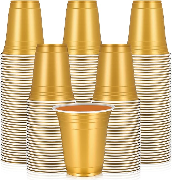 Sabary 100 Pack 12oz Plastic Cups Graduation Heavy Duty Drinking Disposable Cups with Lines for Beverage Wedding Holiday Camping Barbecues Birthday Party Outdoor Picnic(Gold)