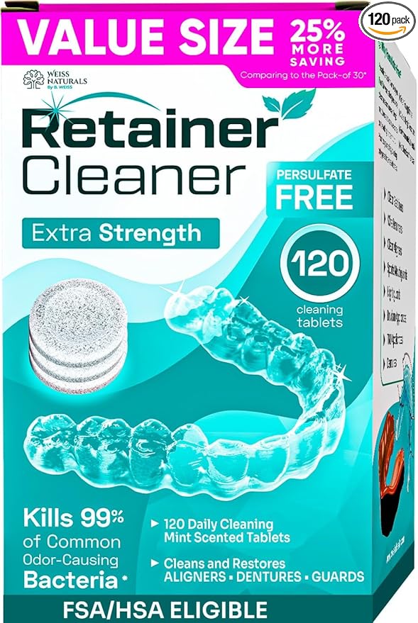 Weiss Naturals Retainer Cleaner Tablets, Invisalign Cleaner, Remove Stains, Odors & Plaque, PERSULFATE FREE Night Guard & Denture Cleaner 4-Month Supply, 120 Mint Scented Tablets