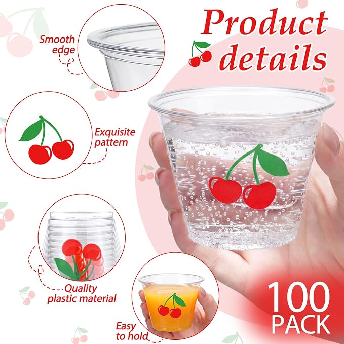 LemonRoad 100 Sets Cherry Disposable Plastic Cups Bulk with Lids Straws 9 oz Red Cherry Clear Plastic Cups Fruit Cold Beverage Drinking Container for Baby Shower Birthday Daily Holiday Party Supplies