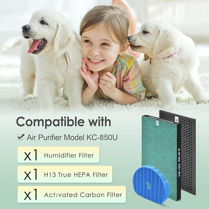 Filter Compatible with Sharp KC-850U & KC-C100U Air Purifier, H13 True HEPA Replacement, Carbon & Humidifier Filter, Compared to Part # FZ-C100HFU, FZ-C100DFU & FZ-C100MFU, 1-Set