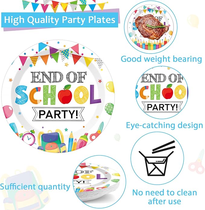CHUNNIN 96Pcs End of School Party Paper Plates and Napkins Graduation Decorations End of School Graduate Disposable Dinnerware Tableware Set for 24 Guests Classroom Teacher Graduation Party Supplies