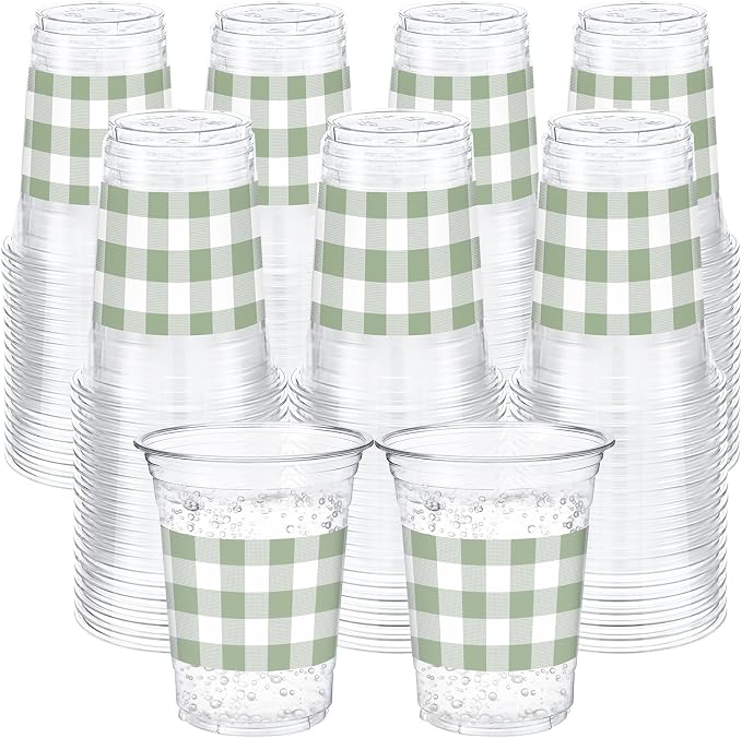 100 Pcs Sage Green Gingham Plastic Cups 12 oz Green Checkered Plaid Disposable Plastic Drinking Cups Bulk for Baby Shower Wedding Birthday Christmas Party Decoration Supplies