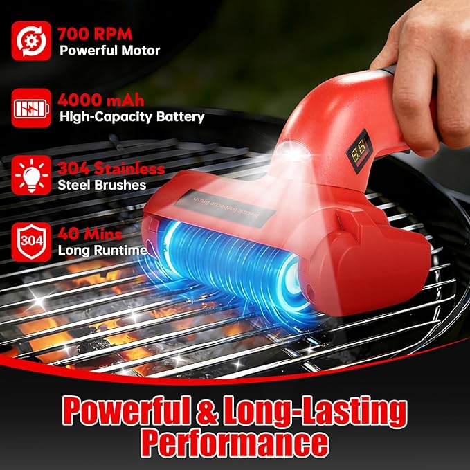 Electric Grill Brush, Electric BBQ Grill Cleaner Cordless Rechargeable 700 RPM Grill Cleaning Brush for Outdoor Barbecue Grill with LED Light, Stainless Steel Brush, Cleaning Stone, Safety Lock
