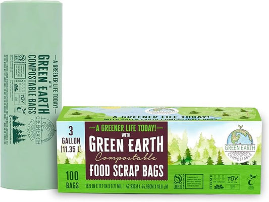 Green Earth Compostable Small Kitchen Food Scrap Trash Bags, Compost Bin Compatible, 3 Gallon, 11.35 Liter, 300-Count, Extra Thick 0.71 Mil, ASTM D6400, BPI (US) & OK Compost Home (EU) Certified