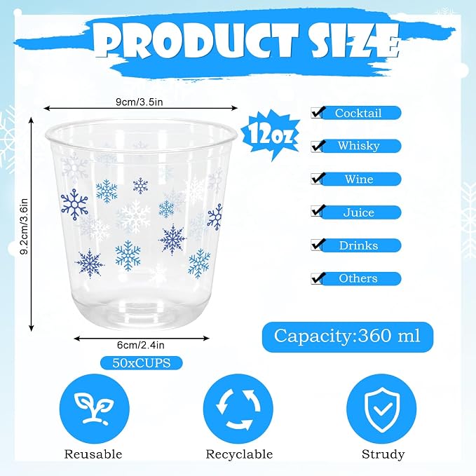Whaline 50Pcs Christmas Plastic Cups 12 Oz Winter Snowflake Disposable Clear Stemless Wine Cocktail Glasses PET Drinkware Cups Set for Holiday Party Supplies