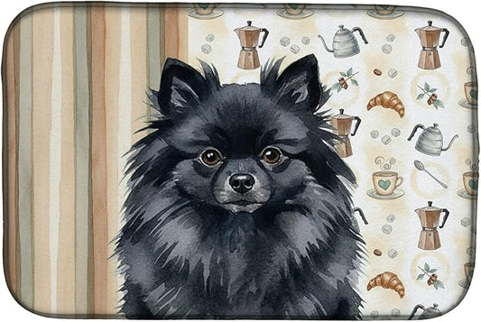 Caroline's Treasures Black Pomeranian Coffee Bar Dish Drying Mat Absorbent Dish Drying Mat Pad for Kitchen Counter Dish Drainer Mat for Countertop, 14 x 21", Multicolor