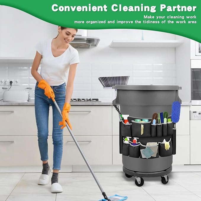 Trash Can Caddy Organizer with 10 Pockets - Cleaning Supply Holder for 32-55 Gallon Round Garbage Bins | Adjustable Strap Storage Bag for Sponges, Gloves, Spray Bottles, Cleaning Tools