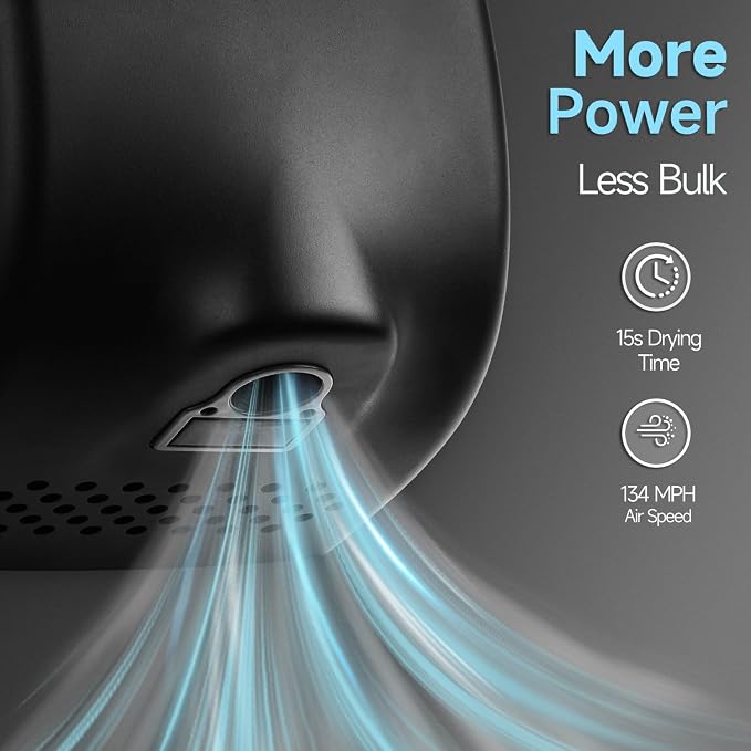 anydry Compact Hand Dryer, High-Speed 1350W Airflow, Matte Black Finish, Space-Saving for Commercial & Home Use, Model AD2803Y