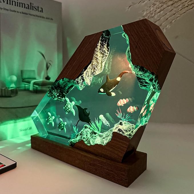 Orca Ocean Resin Lamp, Handmade Wooden Table Resin Night Light, USB Port Art Ornaments for Home Office Decor, Scuba Diver Gifts for Holiday, Unique Birthday Gifts for Mom Grandma Brother Sister