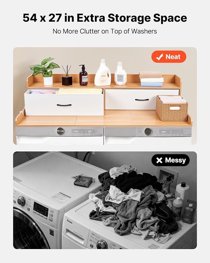 VEVOR 2 Drawers Washer Dryer Countertop with Shelf, 54" x 27" Wooden Laundry Countertop with 2 Hooks & Splicing Panels, Washer and Dryer Topper, Laundry Room Organization and Storage, Natural
