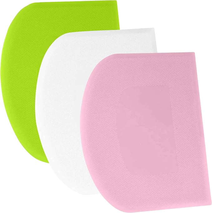 SURDOCA Dough Scraper Bench Scraper - 3P 11.8x7.3" Plastic Flexible Bowl Scraper, Sharp Edge & Angles Cake Scraper. Non-Slip Bakeware Decorating Tools Sculpting & Modeling Tools - Pink+White+Green