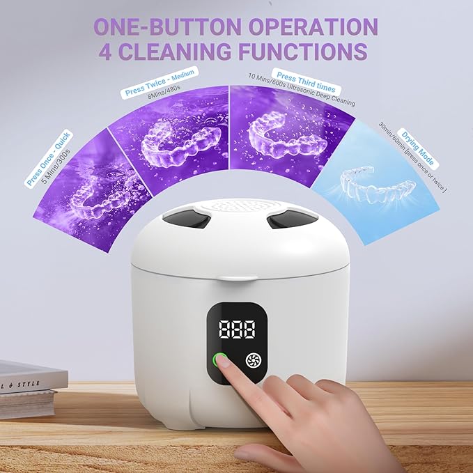 Ultrasonic Retainer Cleaner 25W Portable Ultrasonic Denture Cleaner Multi-Mode 45KHz with Drying and Removable Inner for Dental Trays, Braces, Jewelry, Toothbrushes, Mouth Guards, Aligners,Ring White