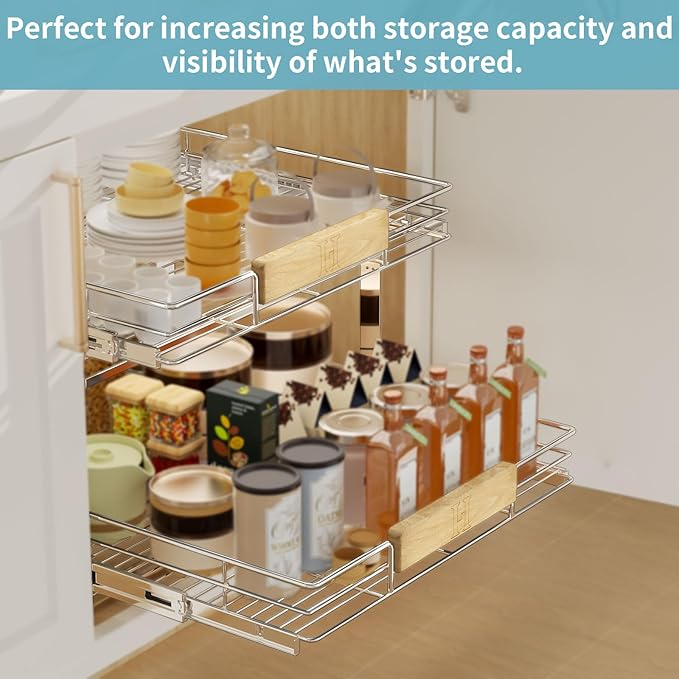 LOVMOR 2 Tier Pull Out Cabinet Organizer 25½" W x 21½" D, Slide Out Drawers with Wooden Handle, Sliding Shelves Organization and Storage for Kitchen, Pantry