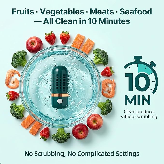 Produce Cleaner – Portable OH-ion Fruit & Vegetable Washer, Deep Cleans Produce, Meat & Seafood in 10 Minutes, No Scrubbing, IPX7 Waterproof, for Home, Travel & Outdoor