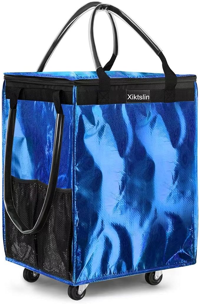 (Medium, Blue) Reusable Grocery Bag on 4 Wheels, Foldable Rolling Tote Carries Up to 66lb Shopping Trolley, Rolling Bag with 3 Handles, Zipper Clouser Rolling Tote Bag with Wheels for Laundry