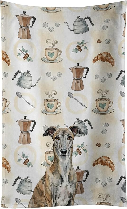 Caroline's Treasures Brindle Greyhound Coffee Bar Kitchen Towel Velour Plush Front and Cotton Loop Back Machine Washable