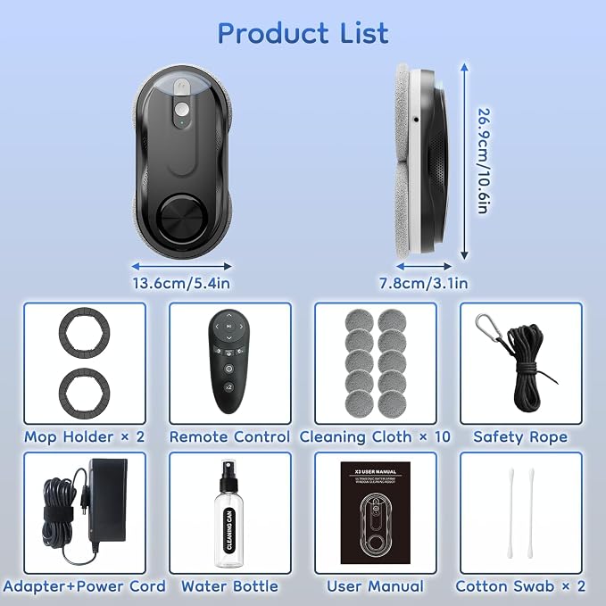 KKI Window Cleaning Robot, Automatic Window Cleaner Robot, Dual Ultrasonic Spray, Max 3200Pa, AI Path Planning & Edge Detection, Remote Control for High-Rise Windows Outside/Inside, Glass,Door, X3