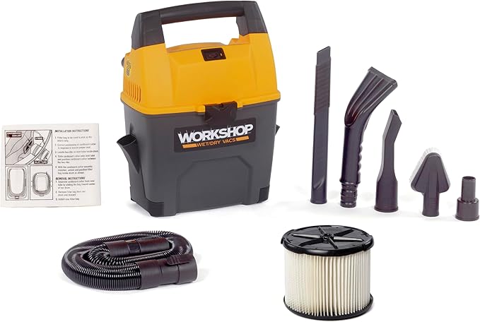 WORKSHOP Wet/Dry Vacs WS0301VA 3-Gallon 3.5 Peak HP Wet Dry Vacuum Cleaner | Portable Shop Vacuum with Built-in Dust Pan, Filter, Dust Bag, Expandable Hose, and Attachments for Home and Car Cleaning