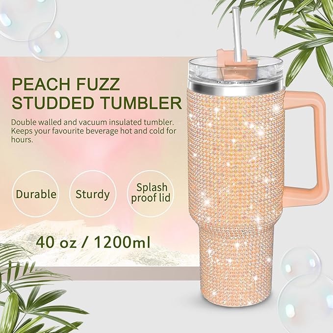 HWISDMIG 40oz Tumbler with Handle-Glitter Rhinestones Tumbler Bling Cups Stainless Steel Water Bottle Diamond Studded Tumbler for Women-Birthday Gifts for Women, Mom, Girlfriend (Peach Fuzz)