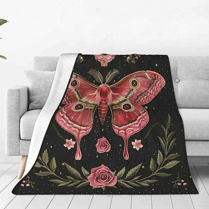 Moth Moon Rose Blanket Witchy Vintage Butterfly Decor Throw Blanket Comfy Plush Flannel Fleece Warm Soft Fluffy Fuzzy Blanket Gothic Gifts for Girls Boys Women Teens for Room Bed Sofa Couch 60"X80"