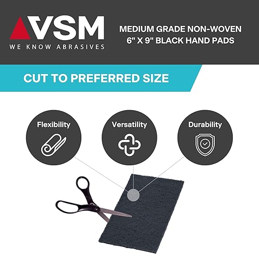 VSM 10-Pack: 6" x 9", Black - Medium, Non-Woven Hand Pad, Silicon Carbide Grains, Rust and Oxidation Resistant, Multipurpose Abrasive Scrub Pad for Finishing and Cleaning