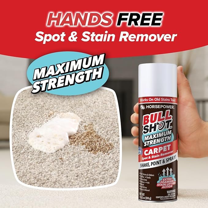 Bull Shot MAX Strength Carpet Spot & Stain Remover, AS-SEEN-ON-TV, Made In US, Just Point & Spray, Stain-Lifting Foam Action, Coffee, Wine, New & Old Stains & More