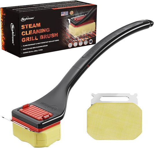 NEWKITCHEN Grill Brush Bristle-Free Steam Cleaning, BBQ Brush Replaceable Heat-Resistant Kevlar Head with Grill Scraper Safe Barbecue Grill Cleaner for All Grill Types (2 Pack Cleaning Head)