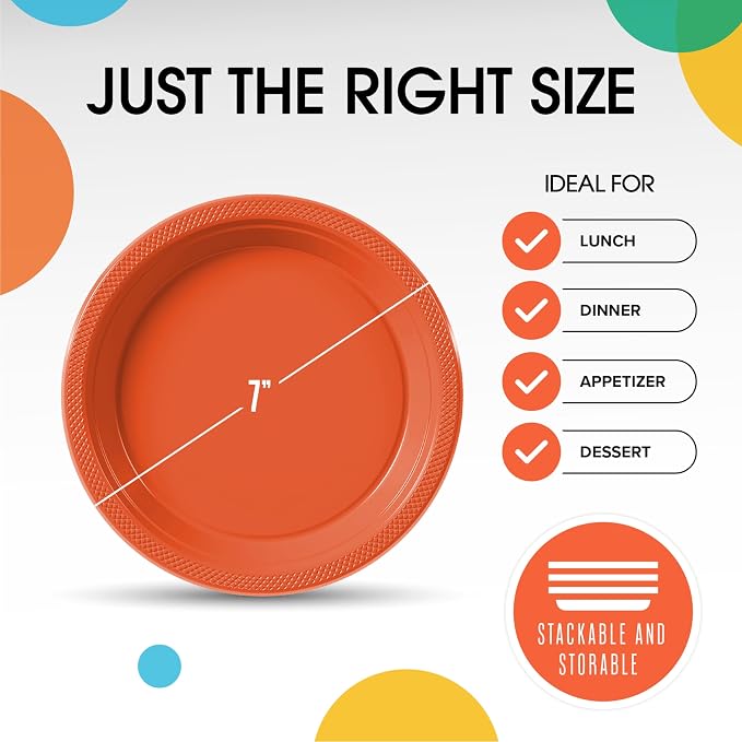 Exquisite Party Solids Orange Plastic Plates For Party Supplies 7" Orange Disposable Plates Heavy Duty 50 Pcs Plastic Dinnerware Sets Heavy Duty 350 GSM Disposable Dinnerware Set