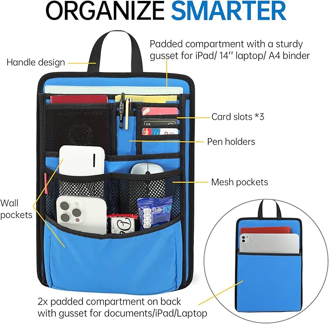 Slim Rugged Backpack Organizer Insert for Business Casual Men Women -13 Pockets,Padded Nylon,Max 14'' laptop - Blue