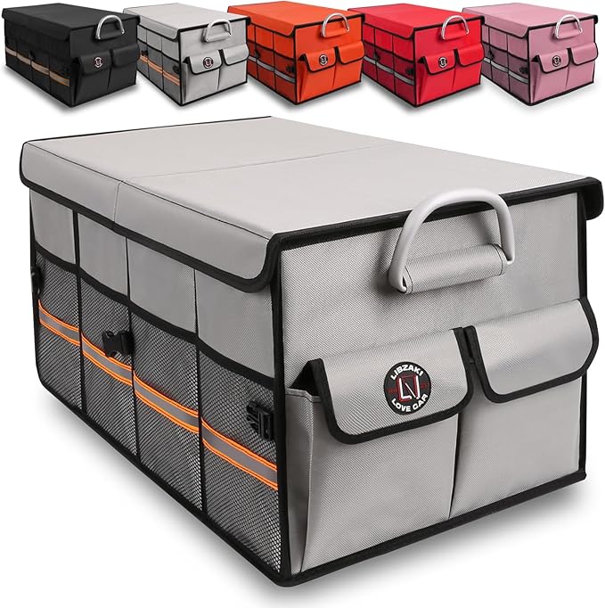 Trunk Organizer, LIBZAKI Cargo Organizer, Premium Multi Compartments Collapsible Portable Trunk Storage for auto, SUV, Truck, Minivan -Grey